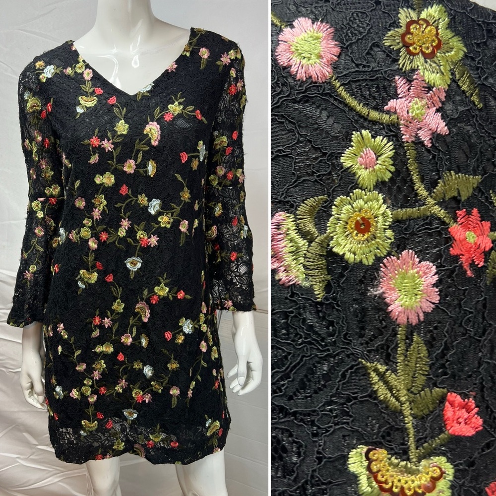 Tahari ASL 4P Petites Black Lace Floral Bell Sleeve Tunic Mini Dress